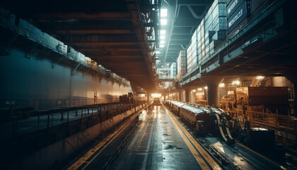 Canvas Print - Blurred motion of steel machinery in factory generated by AI