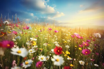 Wall Mural - a meadow brimming with vibrant flowers, set against a clear blue sky Generative AI