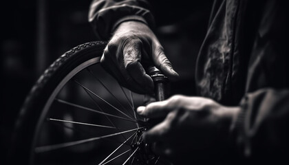 Poster - One man repairing bicycle wheel with wrench generated by AI