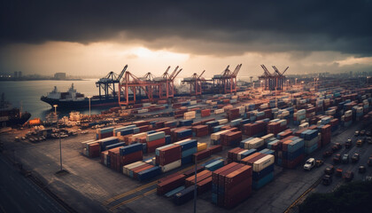 Canvas Print - Container ship carrying freight, loading at dock generated by AI