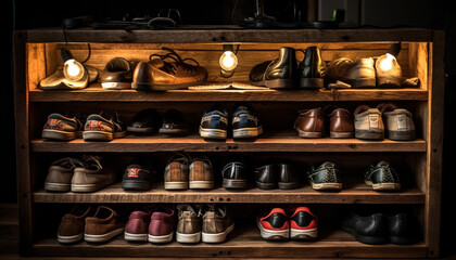 Poster - Shoe collection on wooden shelf, leather variations generated by AI