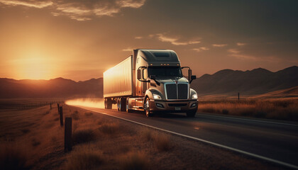 Wall Mural - Semi truck convoy carrying freight at sunset generated by AI