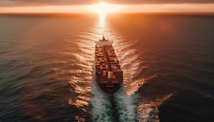 Wall Mural - Container ship carrying freight at sunset on water generated by AI