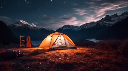 outdoor camping photo. tent in the middle of nature, beautiful landscape. nighttime. natural, protec