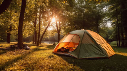 Outdoor camping photo. tent in the middle of nature, beautiful landscape. natural, protected area. image created with ai