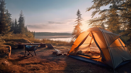 outdoor camping photo. tent in the middle of nature, beautiful landscape. natural, protected area. i