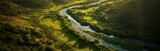 Fototapeta Las - A winding river through a verdant landscape. Horizontal banner. AI generated