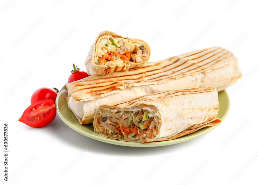 Plate with tasty shawarma and tomatoes on white background