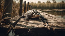 Alligator Snapping Turtle Sunbathing On The Old Wooden Dock
