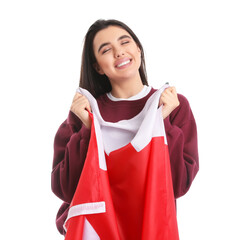 Canvas Print - Young woman with flag of Canada on white background