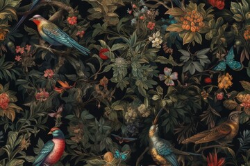Wall Mural - Tiles wallpaper with birds in a forest. AI generated, human enhanced
