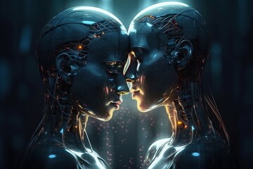 Two robots show each other feelings. Love robots concept. AI generated, human enhanced