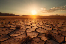 Cracked Land In A Dry Lake Caused By Climate Change At Sunset. Generative AI.