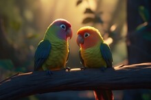Two Parrots Male And Female Sit On A Branch In Love, Generative Ai