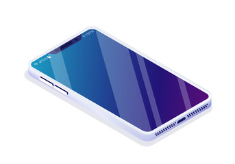 Wall Mural - Isometric smartphone concept. Gadget and device. Advertising and marketing for electronics store. Display and screen of phone. Template, layout and mock up. Cartoon vector illustration