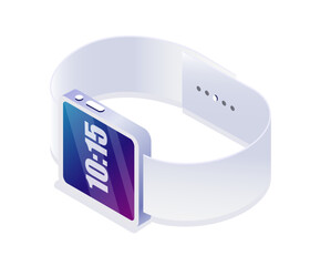 Wall Mural - Isometric smartwatch concept. Gadget and device for viewing time with white leather bracelet. Advertising and marketing. Template, layout and mock up. Cartoon vector illustration