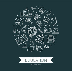 Education icons composition. Learning and training, school and university. Development of logical thinking, creative skills and cognitive abilities. Books and globe. Cartoon flat vector illustration