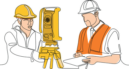 Close up of Caucasian worker with helmet on head using tablet for work while standing in warehouse. Surveyor with a tripod icon. Geodesic tripod. Vector illustration