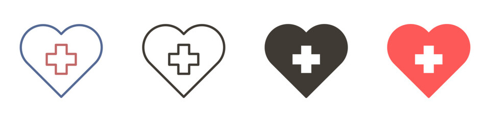 heart shape with cross inside. vector icon in 4 different styles.