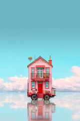 Wall Mural - Surreal tiny house, a red truck with a house on top of it. Generative AI.