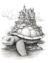 A Drawing Of A Turtle That Carries A Castle In It's Back. Generative AI.