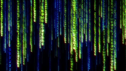 Abstract loop blurred falling blue green neon digital text matrix style on black background animation. 