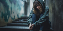 Depressed Young Girl, Teenager, Suffering From Depression, Youth Mental Health Crisis, PTSD, Secondary High School Student Depression, Youth Homelessness Young Homeless Girl, Generative AI
