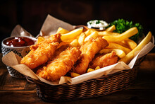 Delicious English Traditional Meal, Fish And Chips With Tartar Sauce With Great Dark Food Photography Presentation. Created With Generative AI Technology