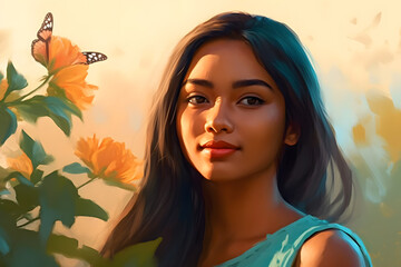 Wall Mural - Beautiful fantasy girl and butterflies. Neural network AI generated art Generative AI