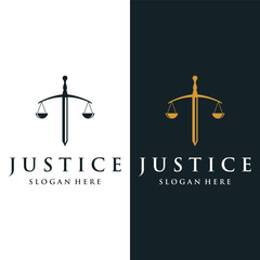 Wall Mural - Law firm and attorney Logo.Justice template with pillar, sword and scales concept.Vector illustration.