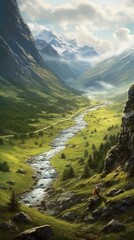 Wall Mural - Abstract landscape view. Beautiful panorama with river, forest, and waterfall. Jungle mountain scenery.