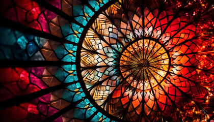 Wall Mural - Stained glass window in Gothic cathedral illuminates vibrant religious symbolism generated by AI