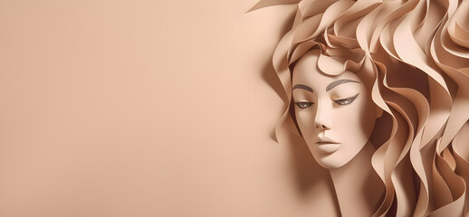 Paper art pretty women face on pastel beige background, free space, super sharp. AI generated