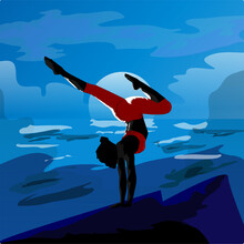 International Yoga Day Illustration, Silhouette Woman At The Beach Practice Yoga Sport