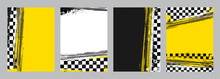 Rally Racing Grunge Background, Checkered Flag And Tire Tracks. Motorsport Victory Or Race Wining Background, F1 Championship Competition Vector Banners With Car Wheel Dirty Trace, Finish Flag Pattern