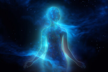 Wall Mural - State of mind, meditation, esoteric and spiritual life. Woman dark silhouette in space background. Afterlife and connection with other worlds. Generative AI