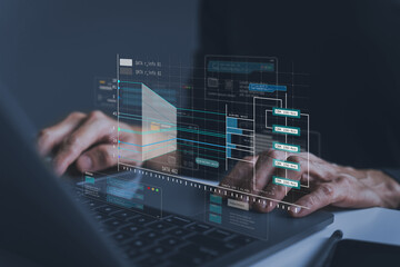 engineer working with database for digital data design or cyberspace network and connection. informa