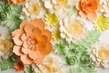 3d floral craft wallpaper. orange, rose, green and yellow flowers in light background. for kids room wall decor, generate ai