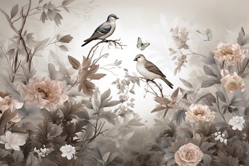 3d floral mural wallpaper with a light simple background. branches of flowers, herbs, birds, and mou