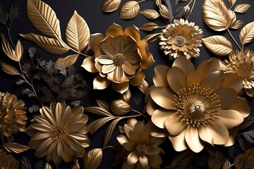 Wall Mural - 3d mural floral wallpaper. golden and black flowers and leaves. 3d render background wall decor, generate ai