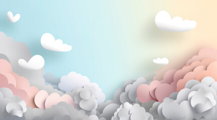 Horizontal banner with paper cut clouds, rabbit, eggs, and hearts, blue sky background, paper cut craft art. A place for text. Happy Easter Day sale concept, template with square frame, generate ai