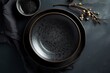 Black craft plate on dark stone table. Top view, copy space, Table setting. background for menu, layout, place for text , recipe background, food flat lay background, generate ai