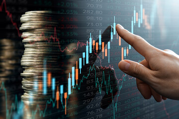 Increased return on investment. Stacked coins and data of financial market. Analyst pointing candlestick chart .