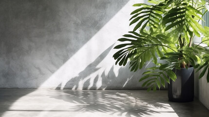 Top view of grey polished cement concrete floor in dappled sunlight, shadow and green tropical leaf tree 