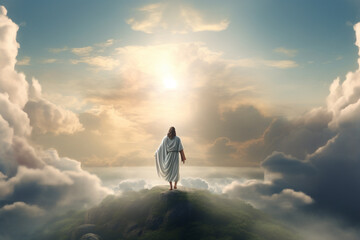 culture and religion concept. jesus christ walking on clouds. dramatic sunlight in background. gener