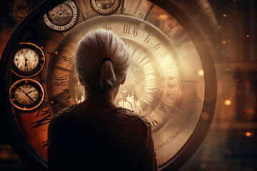 Wall Mural - Abstract concept of time passing by. Human silhouette and old clock representing past time. Turn back time concept. Melancholic mood. Generative AI