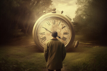 Wall Mural - Abstract concept of time passing by. Human silhouette and old clock representing past time. Turn back time concept. Melancholic mood. Generative AI
