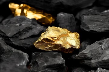 Shiny gold nuggets on coals, closeup view, generate ai