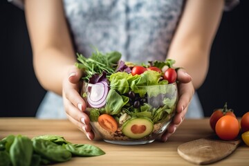 A view of a young woman's hands holding a glass bowl full of a healthy mixed salad, generate ai