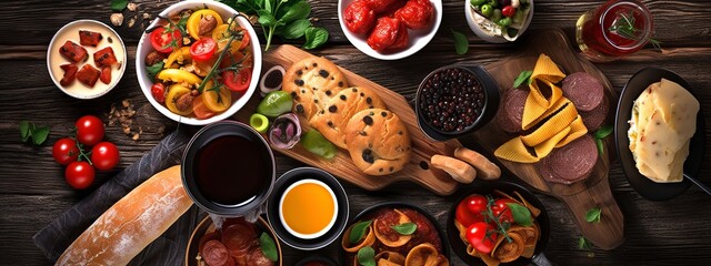Table scene with a selection of delicious foods. Top view over a dark wood banner background, generate ai